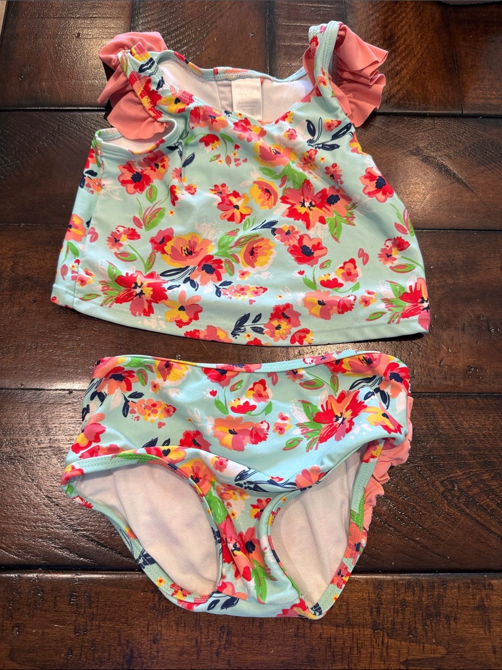 Ruffle Butts Mint Floral Ruffle Swim Set with Coral Accents - 4t